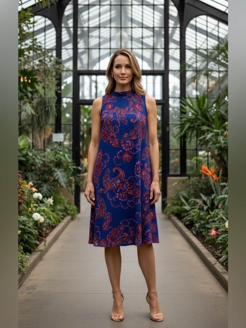 Everly Vibrant & Eye Catching Paisley Midi Dress Chic Brand/Mock Neckline